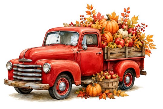 A vintage red pickup truck overflows with a bountiful harvest of pumpkins and colorful autumn leaves, evoking a warm and nostalgic feeling of fall.