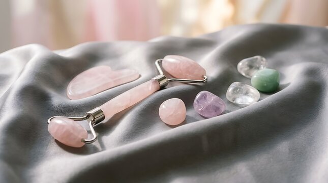 Rose quartz facial roller with crystal gemstones on gray silk fabric