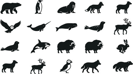 Fototapeta premium Arctic polar wild animals black silhouette icons collection set including polar bear penguin walrus narwhal seal reindeer vector