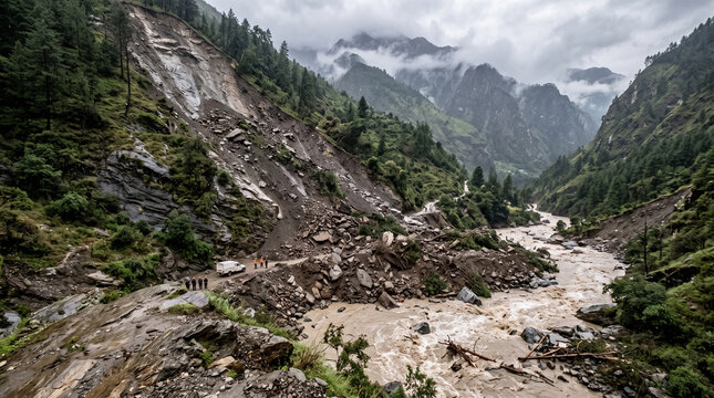 A massive landslide blocks a mountain road in the himalayas, with debris covering the path and a river flowing alongside under a cloudy sky