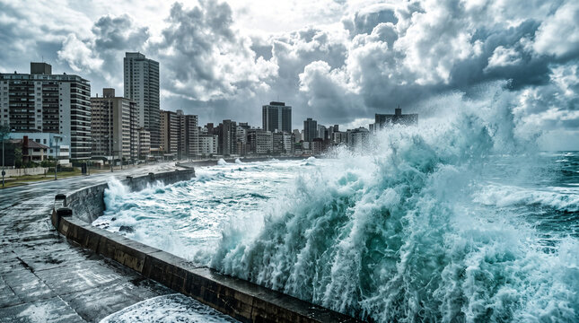 Dramatic storm waves crashing against a coastal seawall in front of a city skyline with dark, turbulent clouds overhead