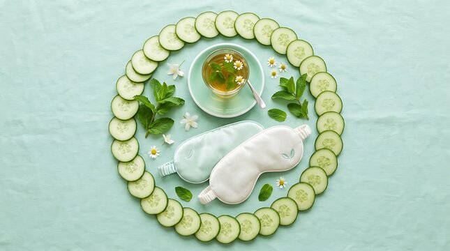 Cucumber slice circle with herbal tea and eye mask on mint green background