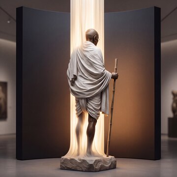 Mahatma Gandhi is portrayed as a realistic three-dimensional figure emerging from a column of soft golden light