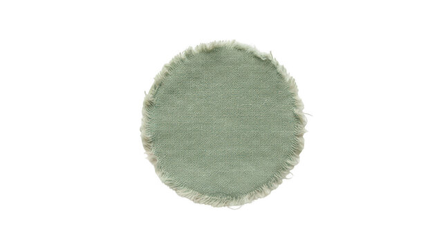 Round sage green woven fabric patch with frayed edges isolated on transparent background