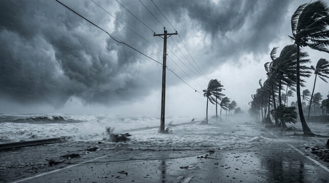 Powerful hurricane storm surge flooding a coastal road with strong winds bending palm trees and dark dramatic clouds overhead during a severe tropical cyclone