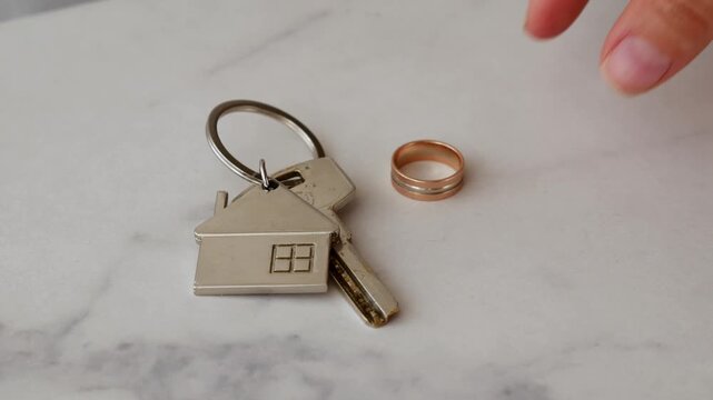 Dramatic close-up of woman hand placing wedding ring beside house keys on table. Concept of divorce, property division, emotional separation and ending marriage after difficult decision