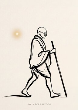 Modern minimalist artwork of Mahatma Gandhi with a black brushstroke