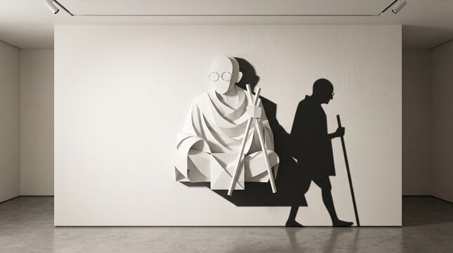 Artwork depicting Mahatma Gandhi as a subtle paper sculpture