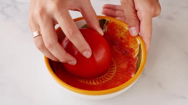 Woman grating ripe tomato on traditional Spanish ceramic grater to make fresh tomato pulp for pan con tomate. Authentic Mediterranean food preparation