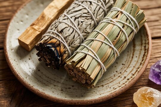 Close up of white sage, sweetgrass smudge bundles on ceramic plate. Palo santo wood stick, healing crystals rest on wooden table. Traditional herbal tools for spiritual cleansing, meditation ritual,