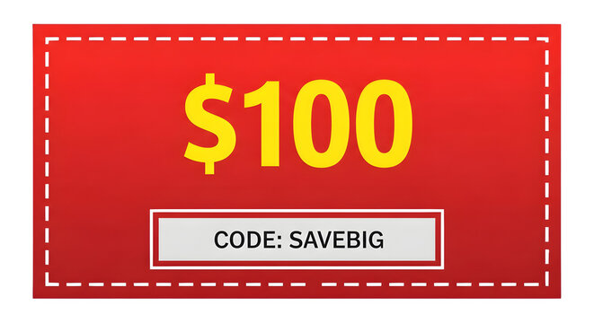 Red promotional voucher with one hundred dollar discount coupon code on transparent background