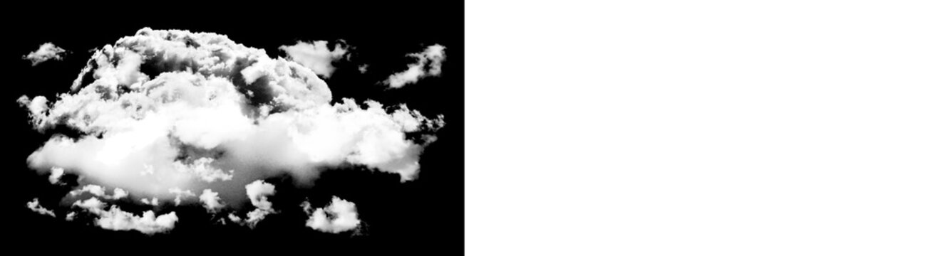 Fluffy white cloud formation isolated on black background for design and compositing isolated on transparent background