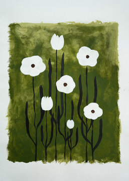 Hand painted white flowers naive art background