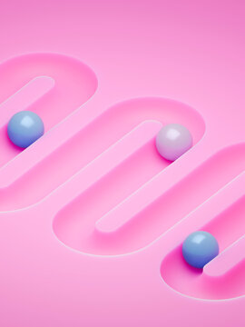 Colorful Spheres on a Pink Surface With a Winding Path Pattern