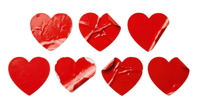 Set of red heart stickers with glossy texture and peeling corners isolated on transparent background