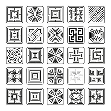 Collection of black and white labyrinth puzzles square maze designs and geometric outline icons labyrinth puzzle abstract labyrinth