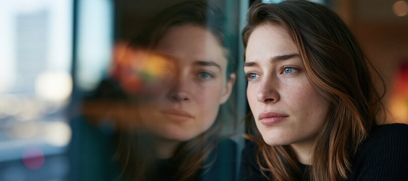 Thoughtful young woman gazing out large window with subtle double reflection