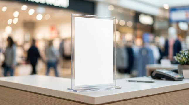 Blank white poster in acrylic holder on a retail store counter for advertising mockup