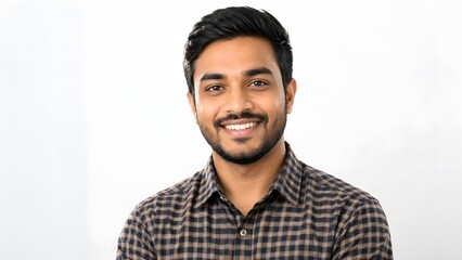 Fototapeta premium A smiling young Indian man with a beard and short dark hair, wearing a plaid shirt, poses confidently against a clean, light backdrop.