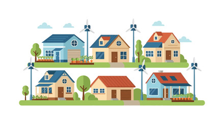 Naklejka premium Sustainable Eco-Friendly Neighborhood with Modern Houses Wind Turbines and Organic Gardens - Green Energy Community Concept Flat Vector Illustration