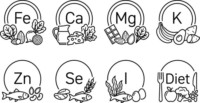 Minimalist Minerals and Nutrition Diet Food Source Line Art Icon Set Featuring Black Outline Graphic Symbols for Iron Calcium Magnesium Potassium Zinc Selenium and Iodine