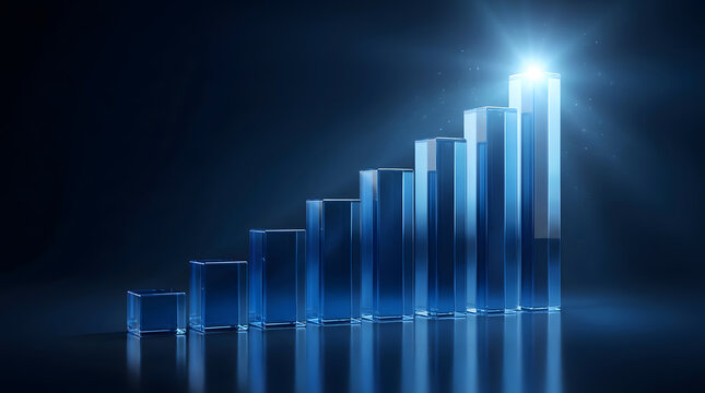Economic progress chart featuring transparent glass bars and flare. Generative AI illustration