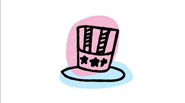 An animated hand-drawn tall Uncle Sam style top hat with red white stripes and a star band. Ideal for 4th of July parade costumes, USA patriotic fashion accessories, and Independence Day events. 
