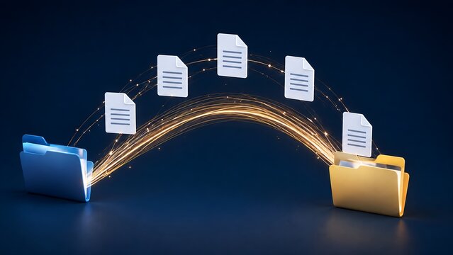 Digital Document Transfer Between Glowing Folders Data Migration Cloud Storage Backup Secure File Sharing Protocol Network Technology Concept