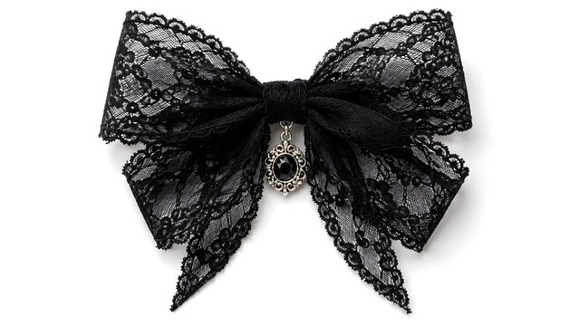 An elegant black lace bow adorned with a sparkling jewel, showcasing intricate floral patterns and delicate scalloped edges.