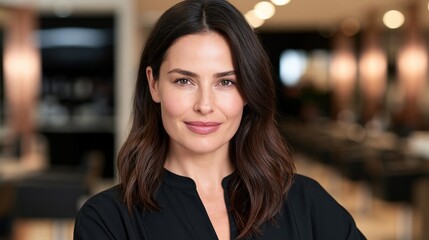 Obraz premium Confident woman with natural groomed brows in upscale salon interior