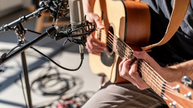 Acoustic guitar playing beside studio microphone, music recording session and sound production workflow