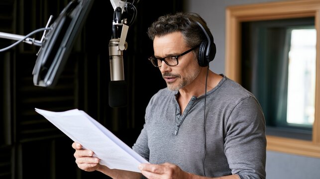 Man reading script into studio microphone in upscale recording studio, voice recording, podcast production, audio narration workflow