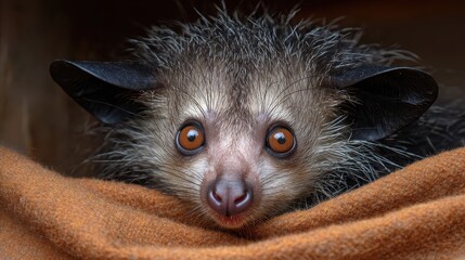 Naklejka premium An adorable aye-aye peeks out from its cozy brown blanket, its big amber eyes capturing the viewer's attention in this wildlife moment. This rare lemur exudes curiosity