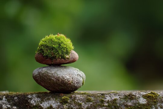 A serene zen moment captured with stacked stones, one topped with moss, evokes a sense of balance and tranquility amidst lush green nature