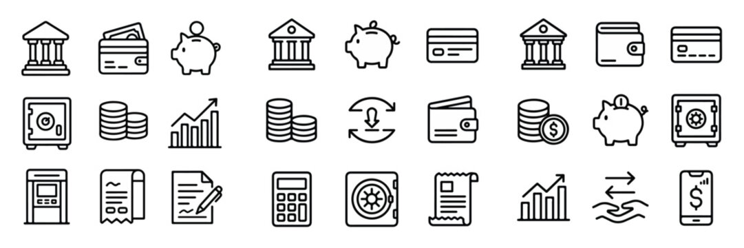 Vector set of finance and banking outline icons on a white background.