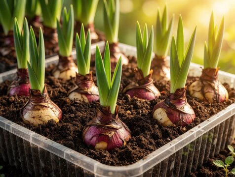 Gladiolus bulbs sprout green shoots in fertile soil. Rows of plants grow in plastic trays under warm sunlight, preparing for blooming. New life emerges from earth.
