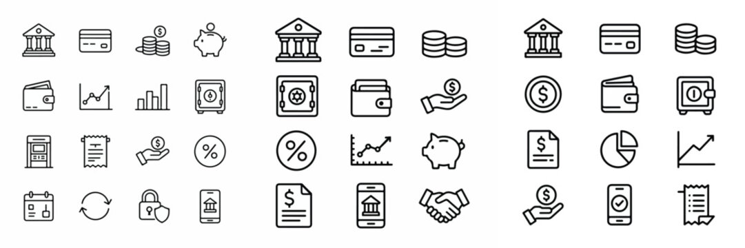 Vector set of finance and banking outline icons on a white background.
