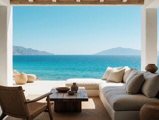 Naklejka premium Spacious living area opens to ocean view. Comfortable modern sofa faces turquoise sea and distant islands. Natural light fills bright, airy room with seaside serenity.