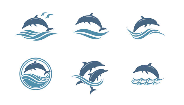 Set of simple pixel art dolphins jumping in ocean waves