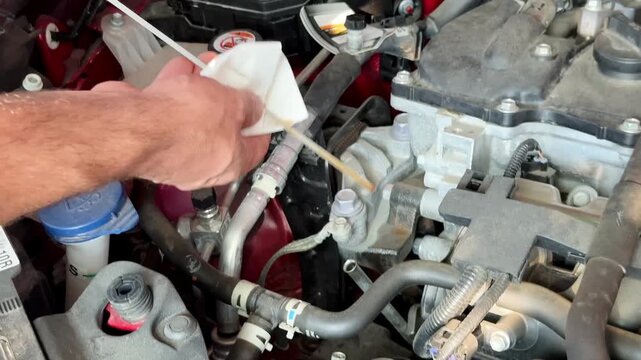 Checking engine oil level in a car