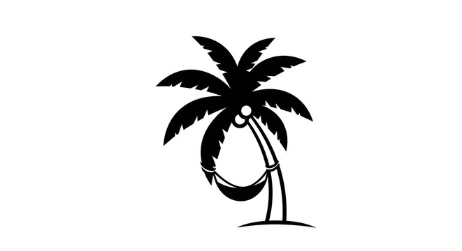 Black silhouette of a palm tree with a hanging hammock