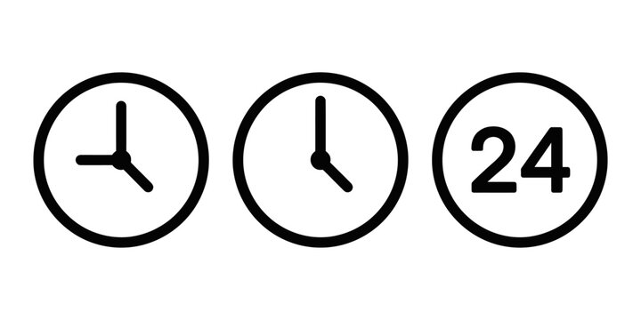 Set of three simple black and white clock icons representing time and twenty four hour service availability