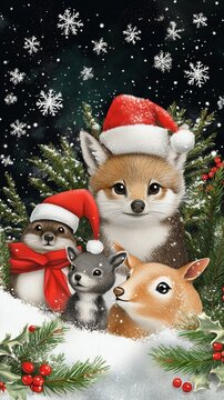 Cute woodland animals wearing Santa hats gather among snowy fir branches and red berries, surrounded by falling snowflakes, creating a festive and whimsical winter scene.