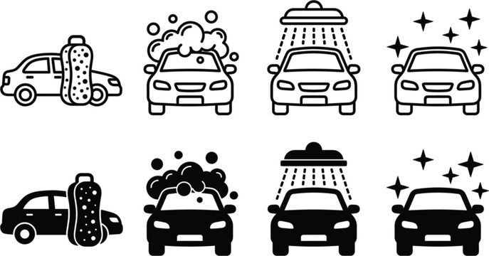 Car wash service icon set auto detailing clean vehicle sponge soap foam water shower shine sparkle automobile maintenance vector