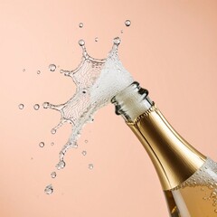Naklejka premium Champagne bottle opens with foam splash and bubbles. Golden foil neck. Alcoholic drink erupts, beverage bursts, celebrations start. Empty space for text.
