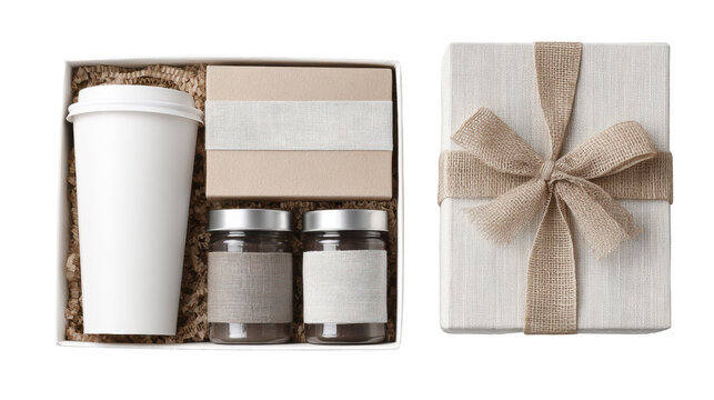 Eco friendly gift box with takeaway coffee cup kraft soap and glass jars wrapped in burlap ribbon