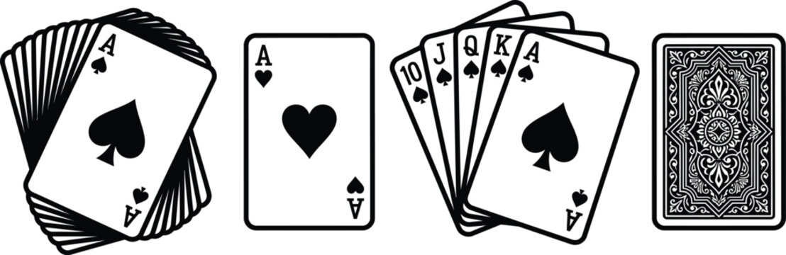 Vintage playing card deck illustrations featuring ace poker hands and backs