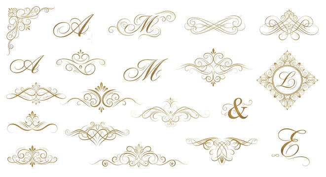 Elegant Gold Calligraphic Flourishes and Vintage Wedding Monogram Ornaments Set on a Transparent Background