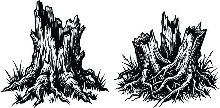 Black and white dead tree stump illustrations collection for forest design