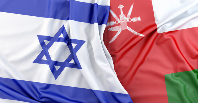 3D illustration of Israeli flag waving next to Omani flag